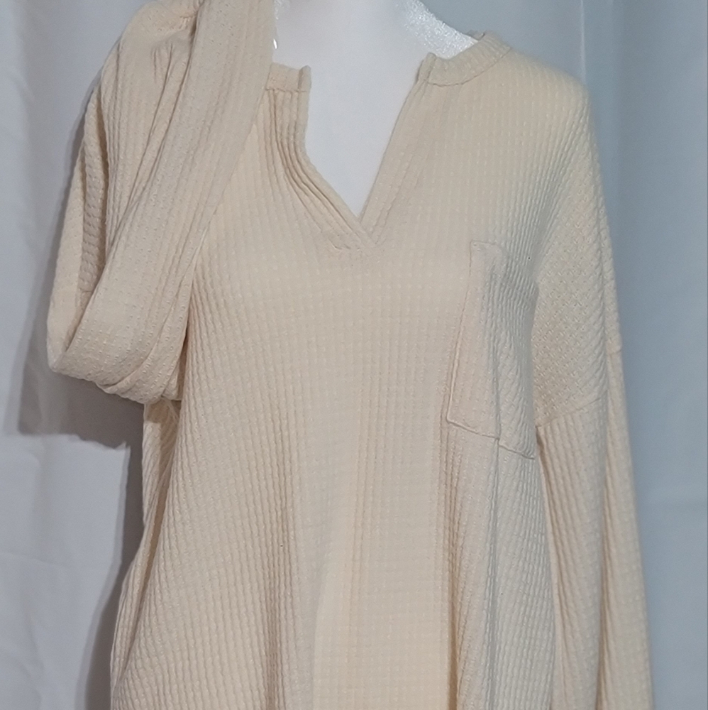 Cream Ribbed Long Sleeve Blouse